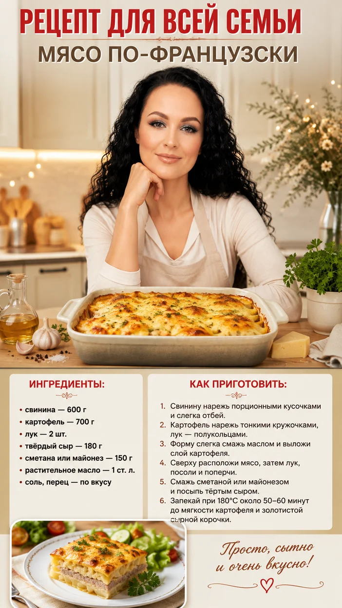 Фотосессия семейного рецепта мяса по-французски