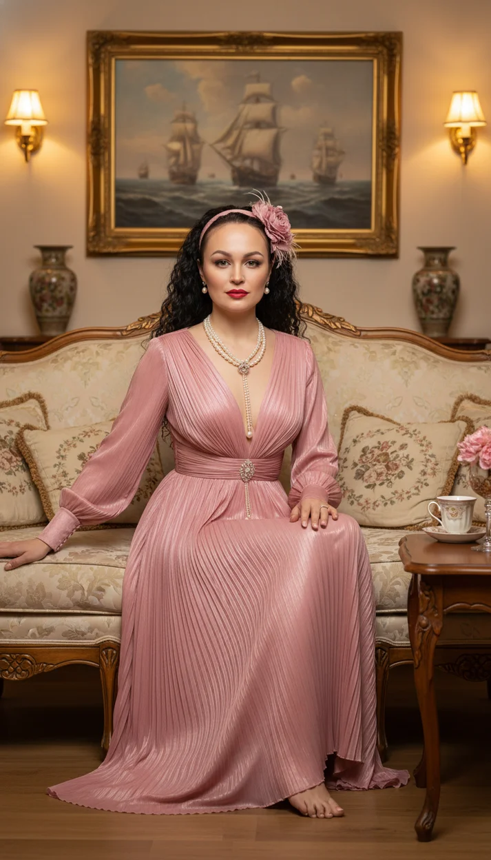  Девушка в винтажной гостиной на диване в плиссированном розовом платье