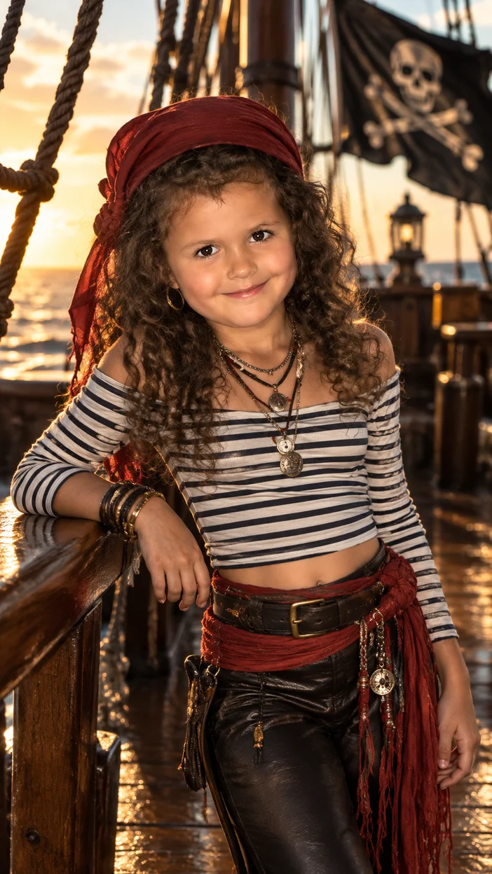 Фотосессия pirate chic на палубе в полосатом топе, красном поясе и бандане с пиратским флагом