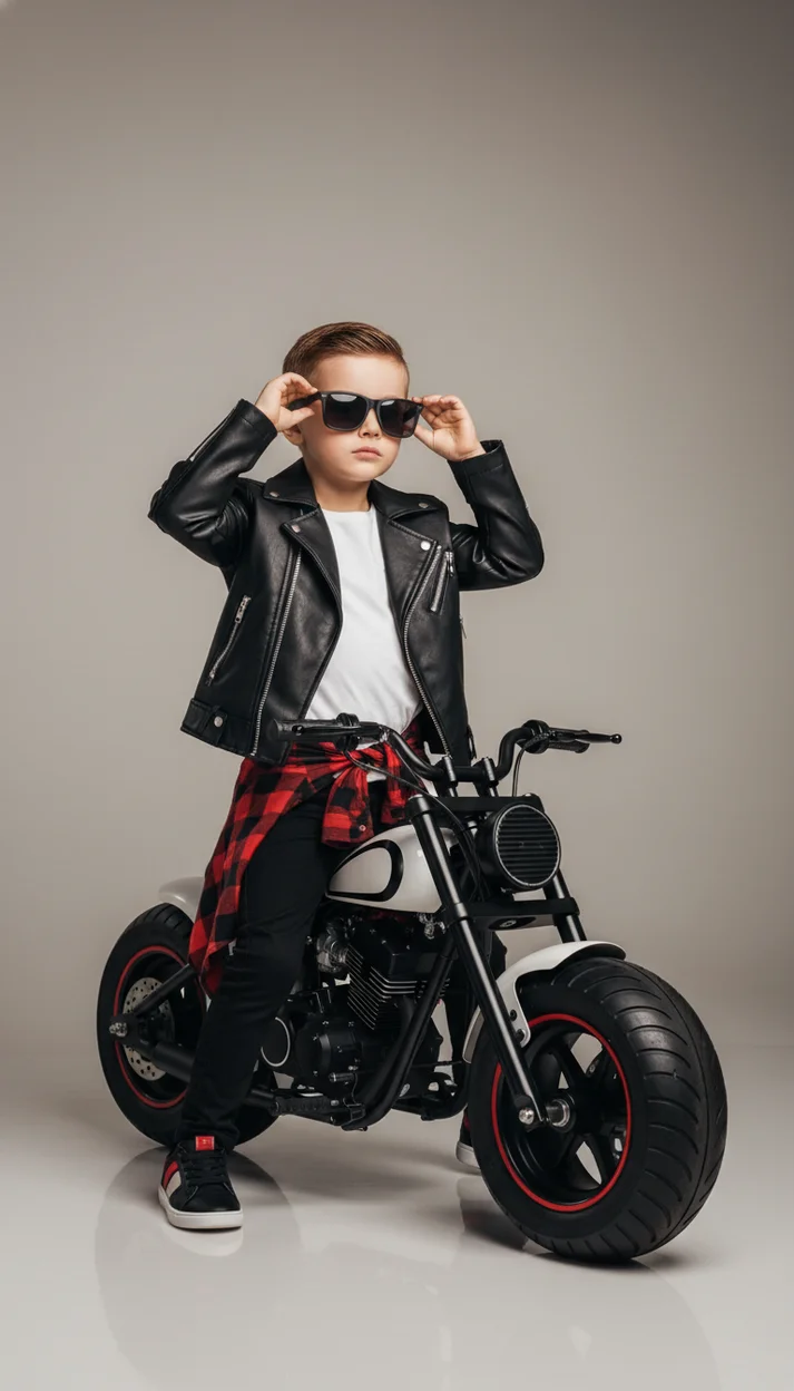 Модная фотосессия ребёнка на мини-байке в стиле rock fashion