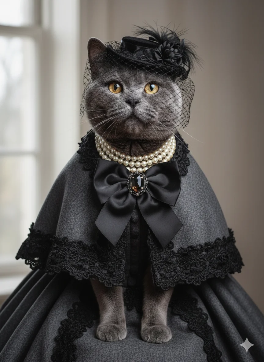 Кошка в элегантном траурном наряде с шляпкой с вуалью, жемчужным ожерельем и бантом