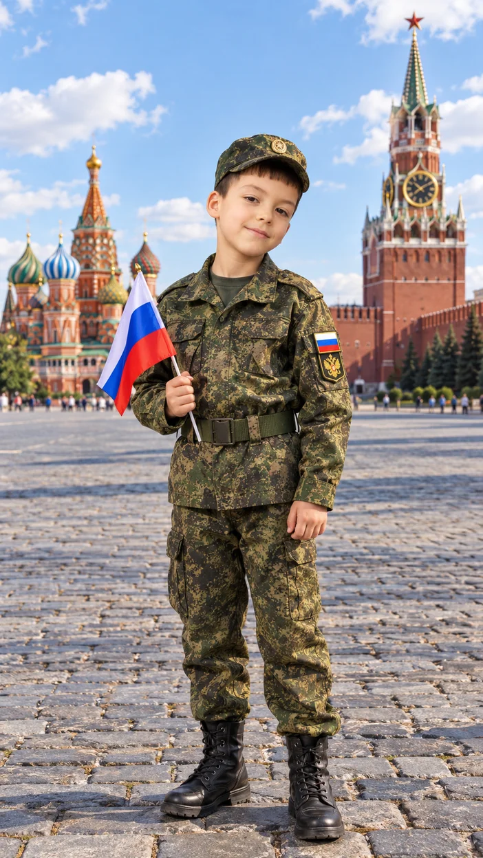 Фотосессия мальчика на Красной площади в русской военной форме с флагом и видимым шевроном
