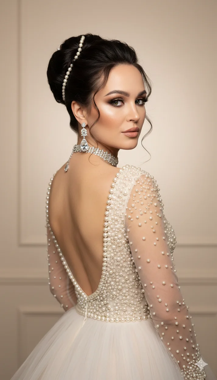 Девушка в жемчужном платье с открытой спиной 