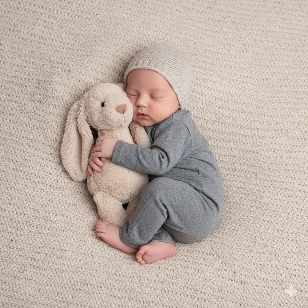 Малыш в сером костюмчике спит, обнимая зайчика