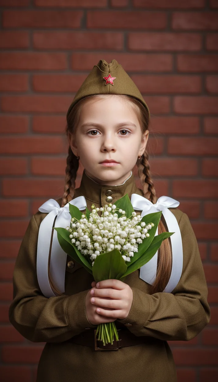  Ребёнок в военной форме с букетом ландышей