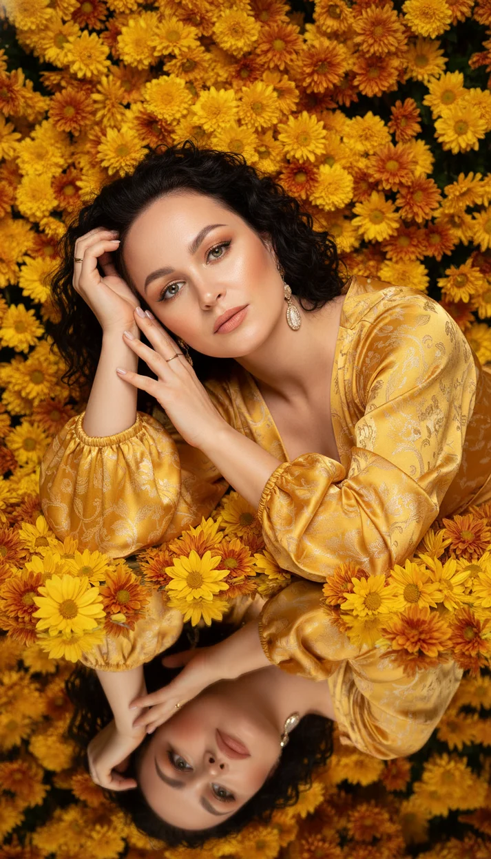 Девушка среди жёлтых хризантем у отражающей воды fashion portrait 