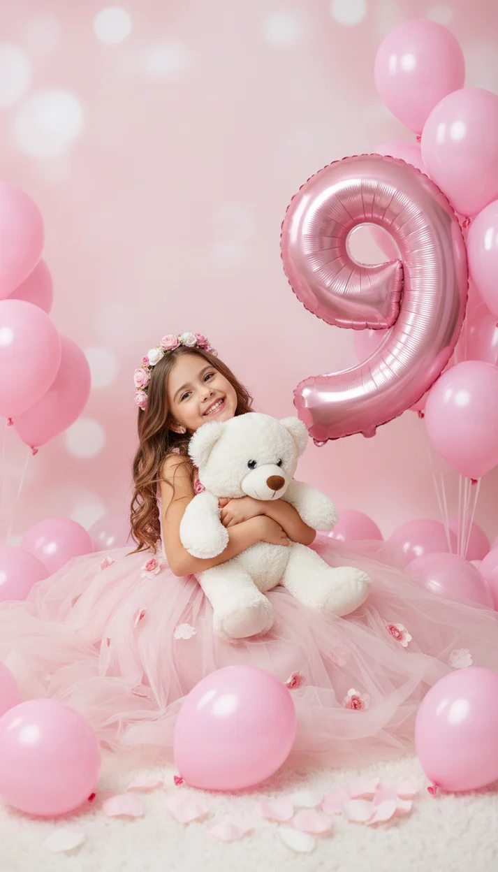   Фотосессия на 9 лет с мишкой в розовых шарах