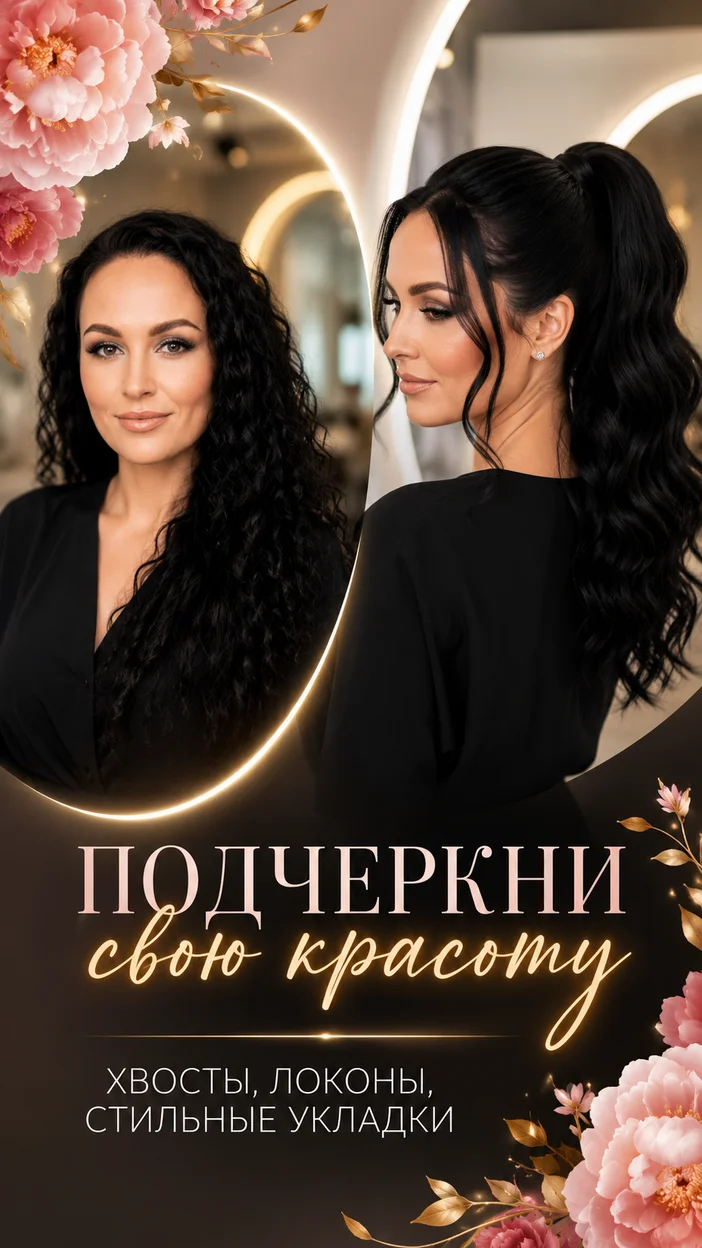 Фотосессия девушки с длинными чёрными волосами в современном коллаже из двух фото
