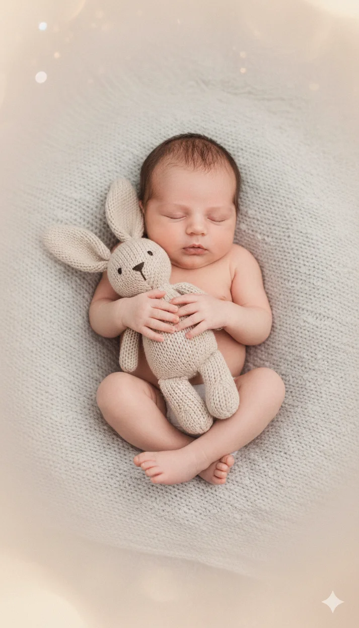 малыш лежит на спине на мягком вязаном пледе, обнимает вязаного плюшевого зайца светло-бежевого цвета