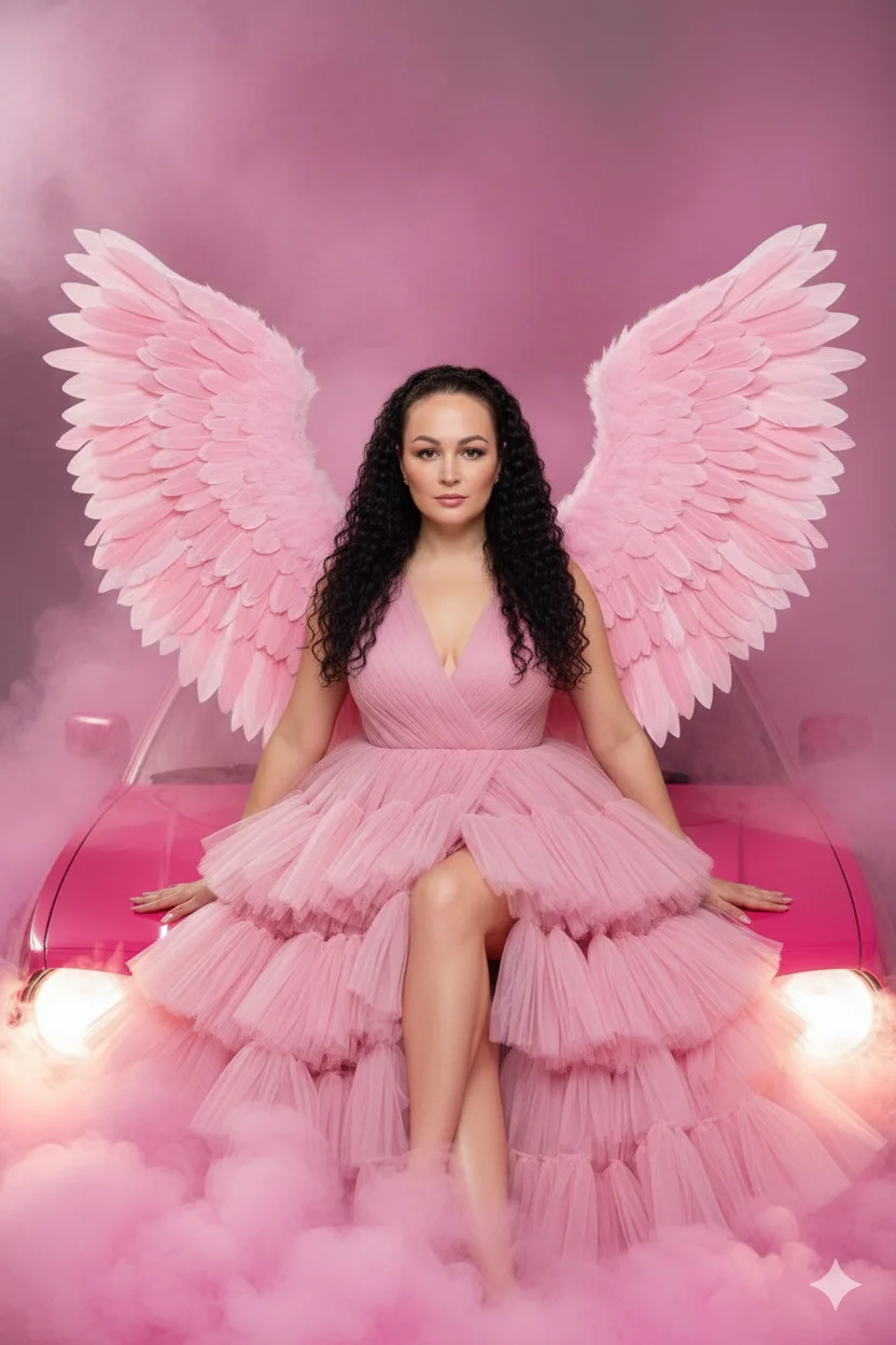 Женщина в розовом пышном платье с крыльями на капоте 