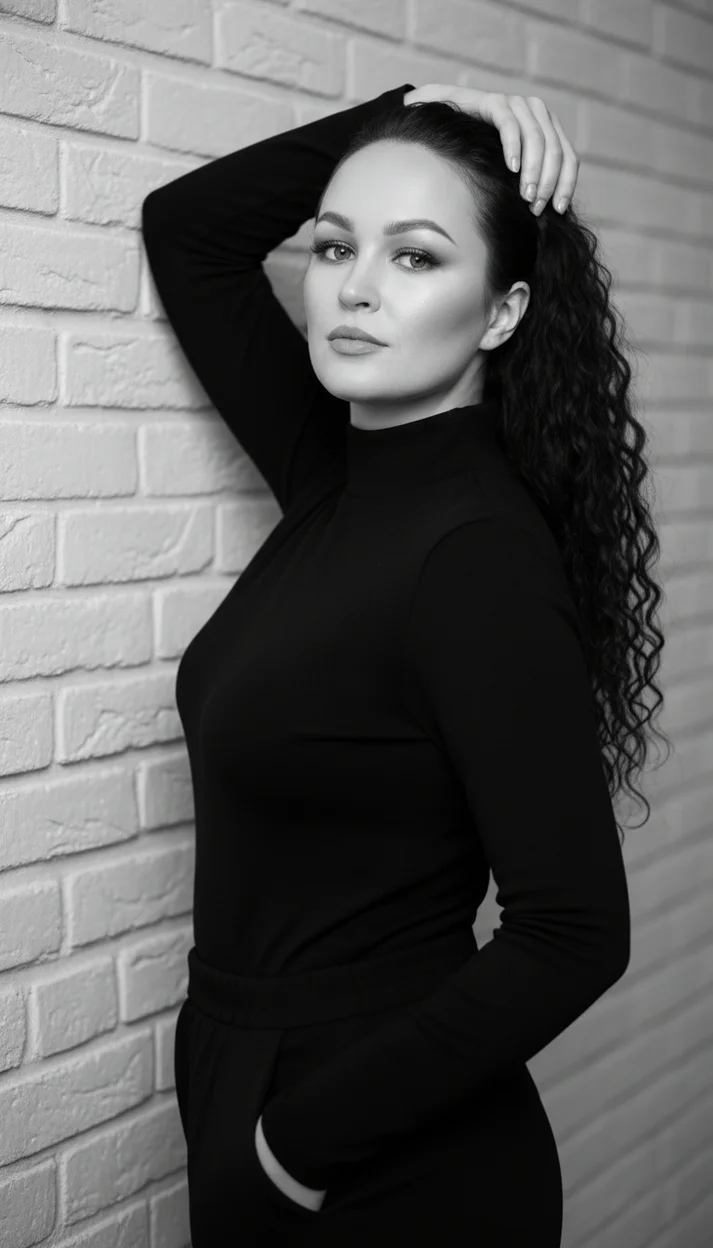  Женщина у кирпичной стены в чёрном свитере чб