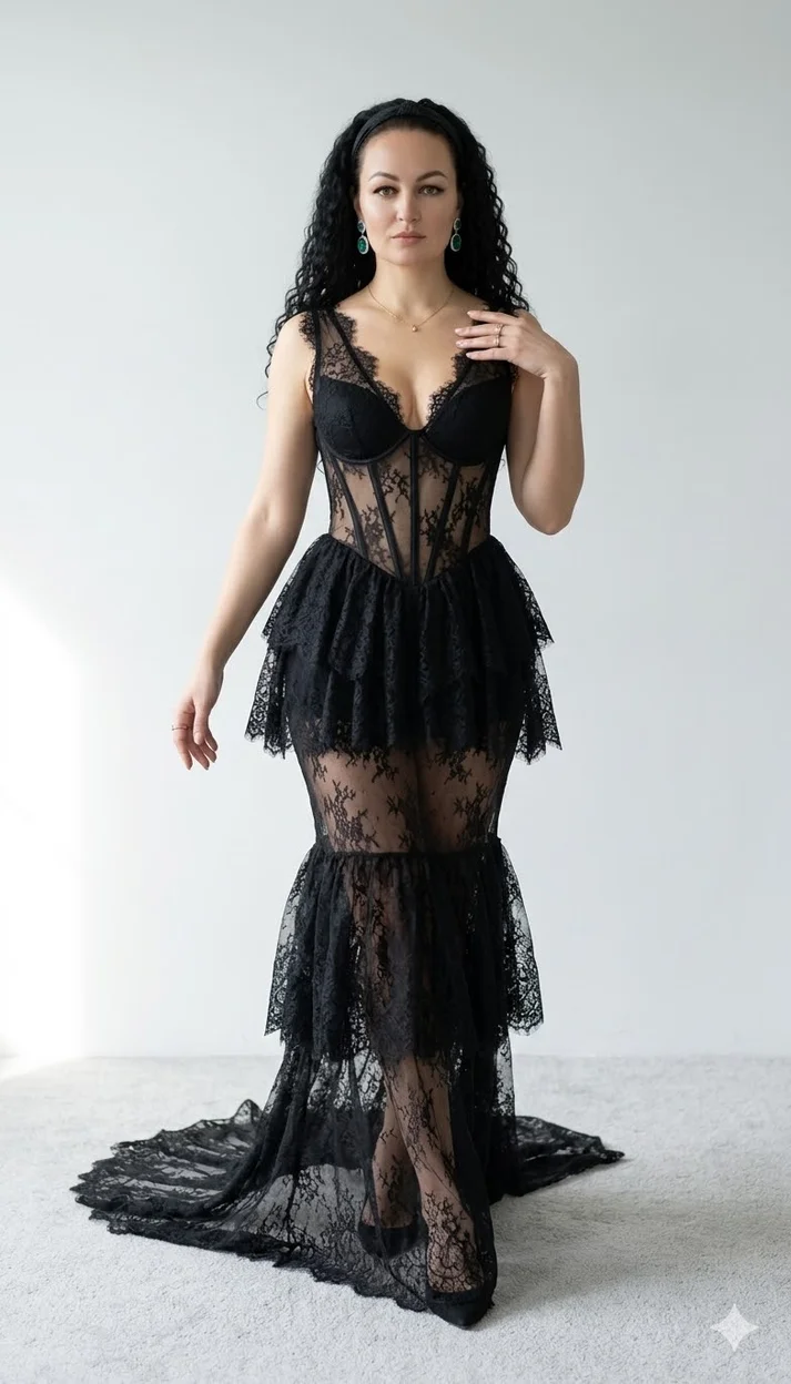 Женщина у светлой студийной стены в чёрном кружевном платье 
