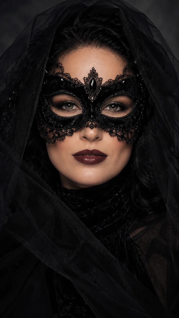 Фотосессия чёрная королева в бархатной маске и вуали — драматичный dark couture портрет по плечи