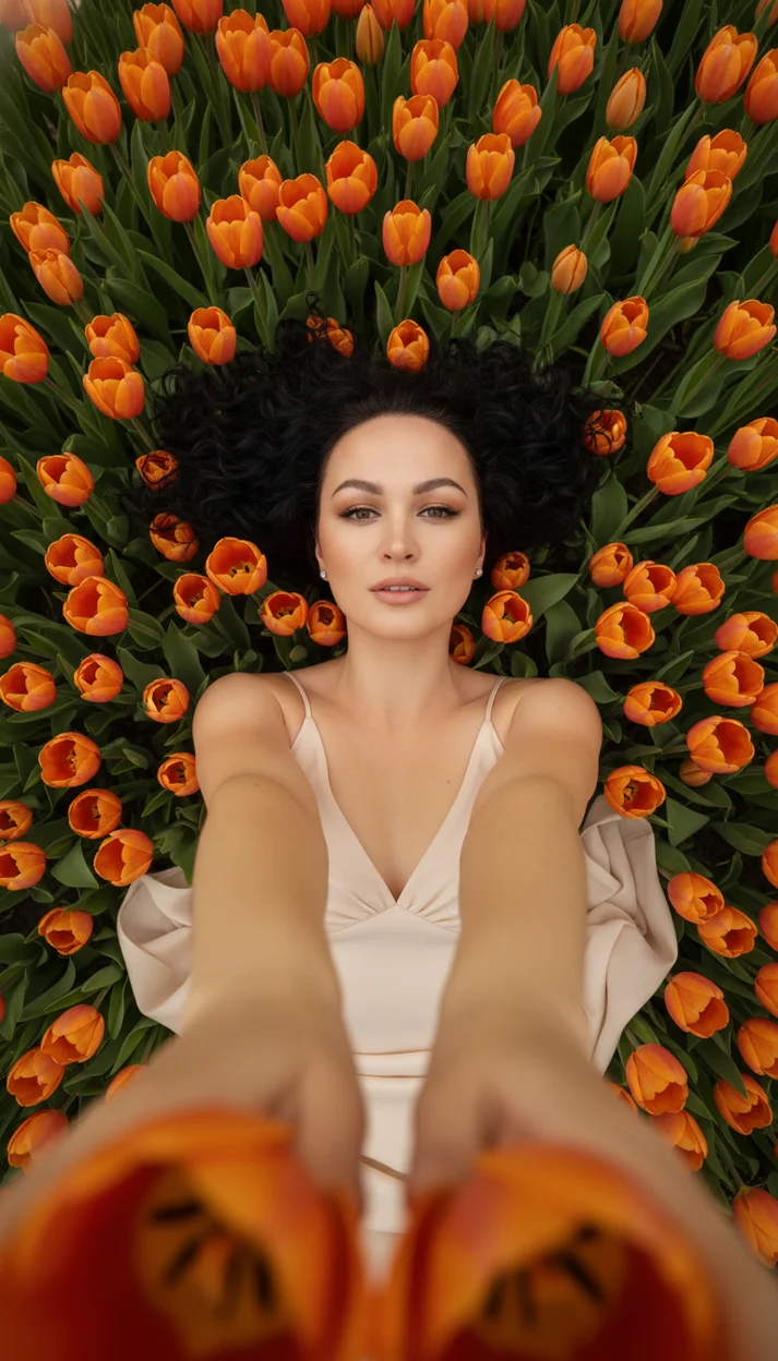 Художественная фотосессия среди ярких оранжевых тюльпанов