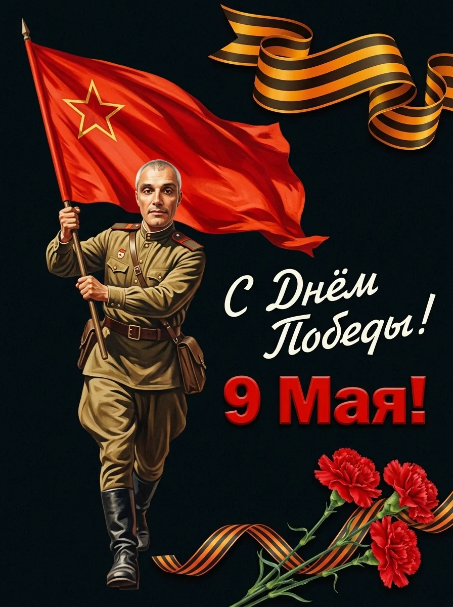 Контрастная ретро открытка Победы с солдатом, лентой и гвоздиками