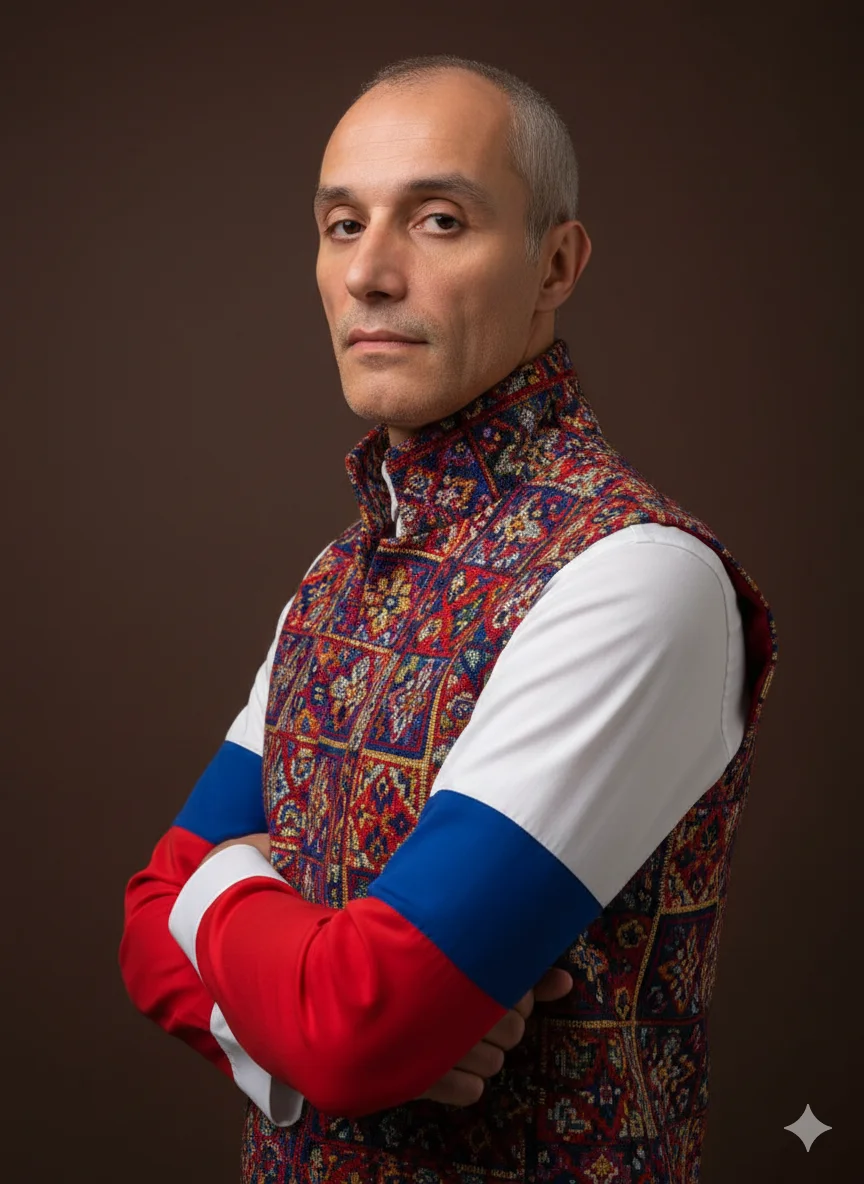 Мужчина в расшитом жилете и трёхцветной рубахе