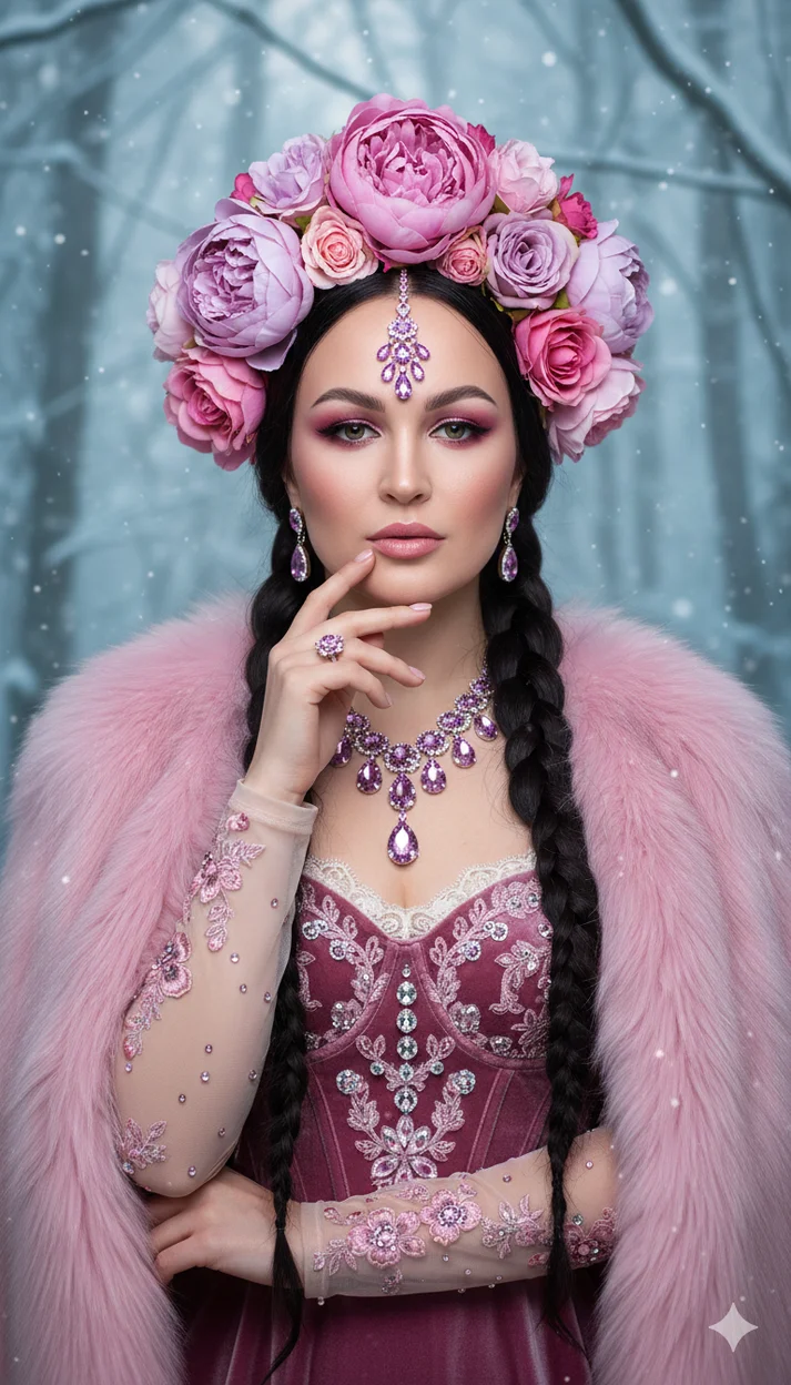 Девушка в розовом бархатном платье с меховой накидкой