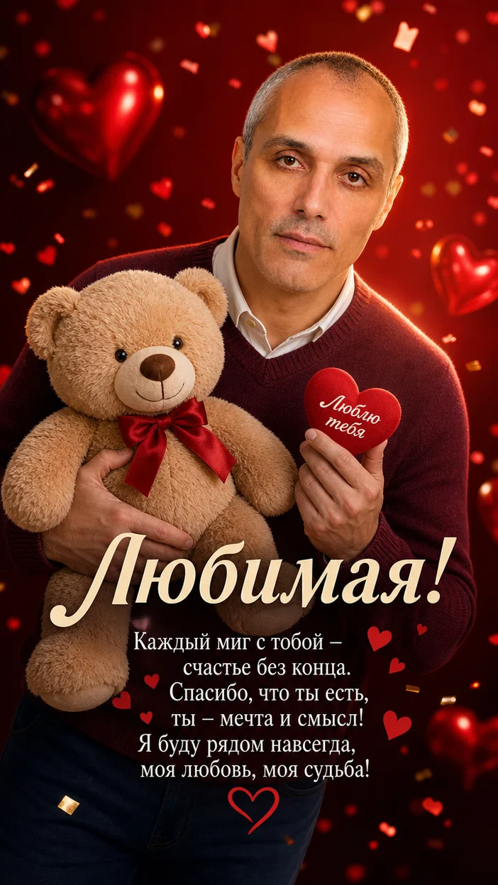 Фотосессия мужчина с плюшевым мишкой на красном фоне