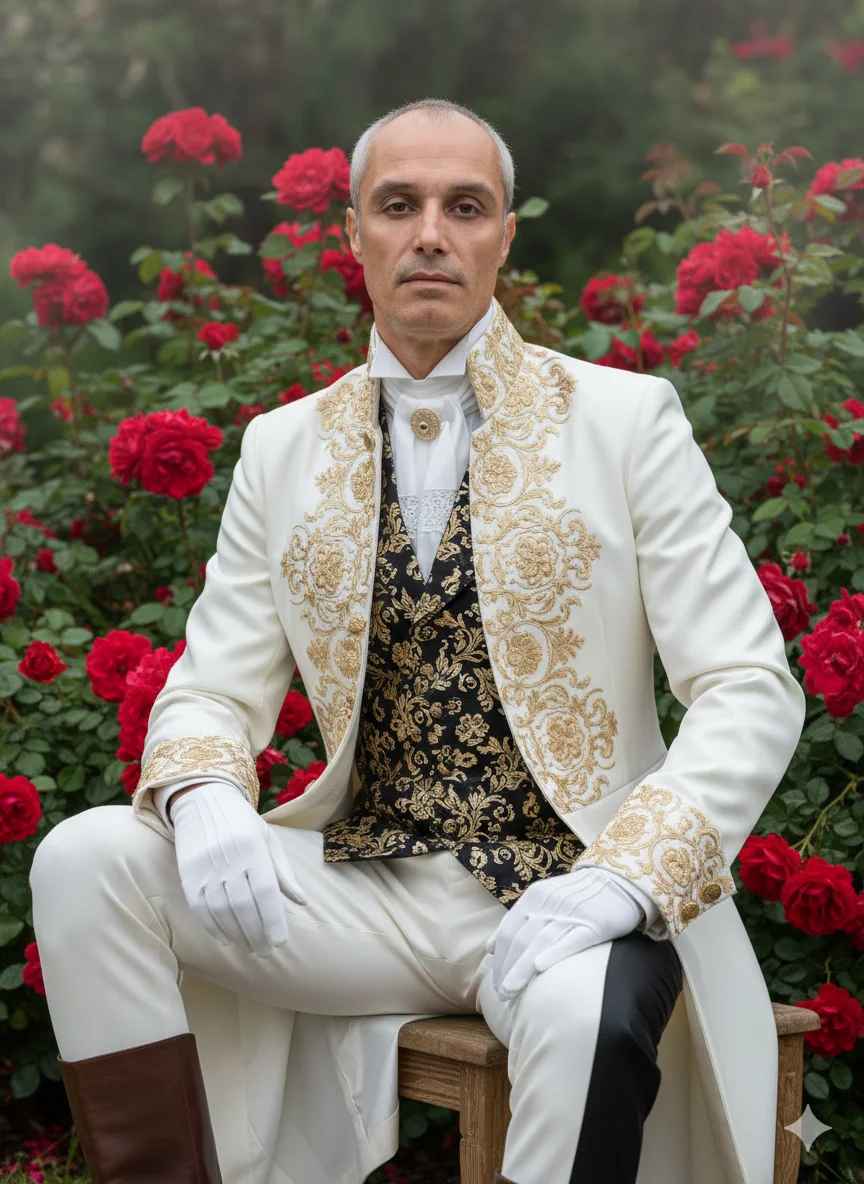 Мужчина в белом камзоле с золотой вышивкой сидит у куста роз в саду
