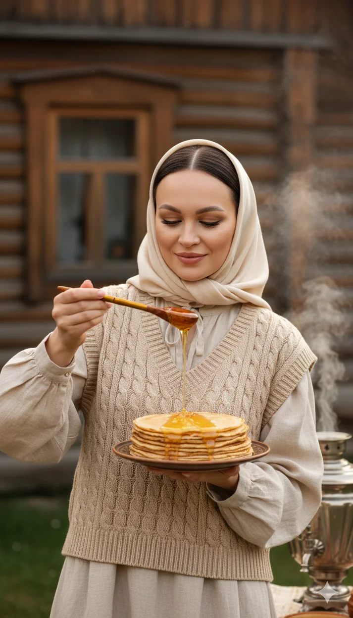 Девушка в светлом платке льёт мёд на блины во дворе деревянного дома