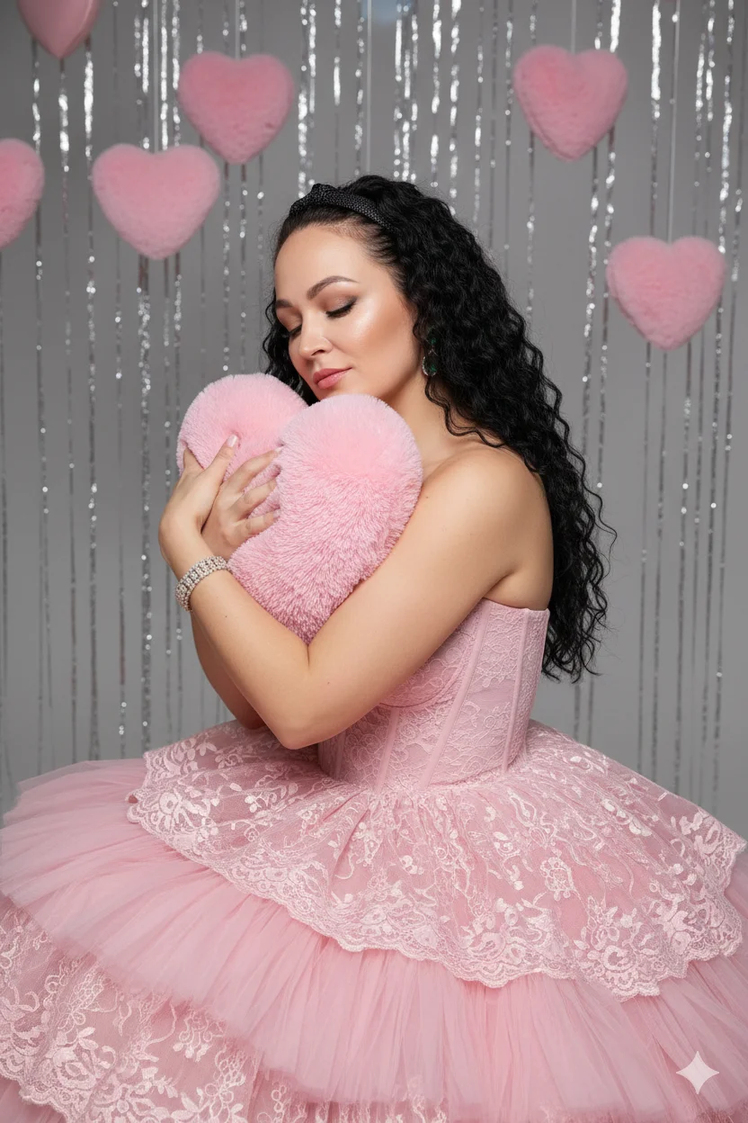 Женщина в розовом кружевном платье обнимает большое сердце