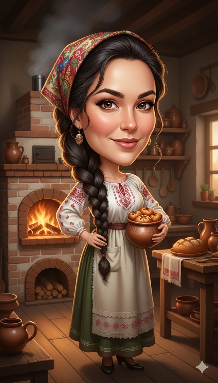 Женщина в традиционном деревенском образе готовит у тёплой печи
