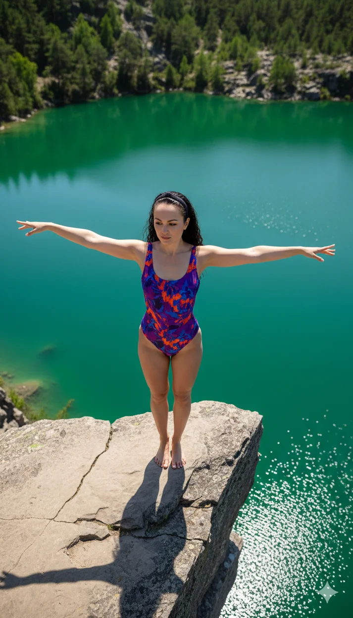 Девушка в ярком купальнике стоит на краю скалы