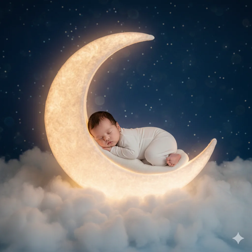 Малыш спит на светящейся луне в облаках