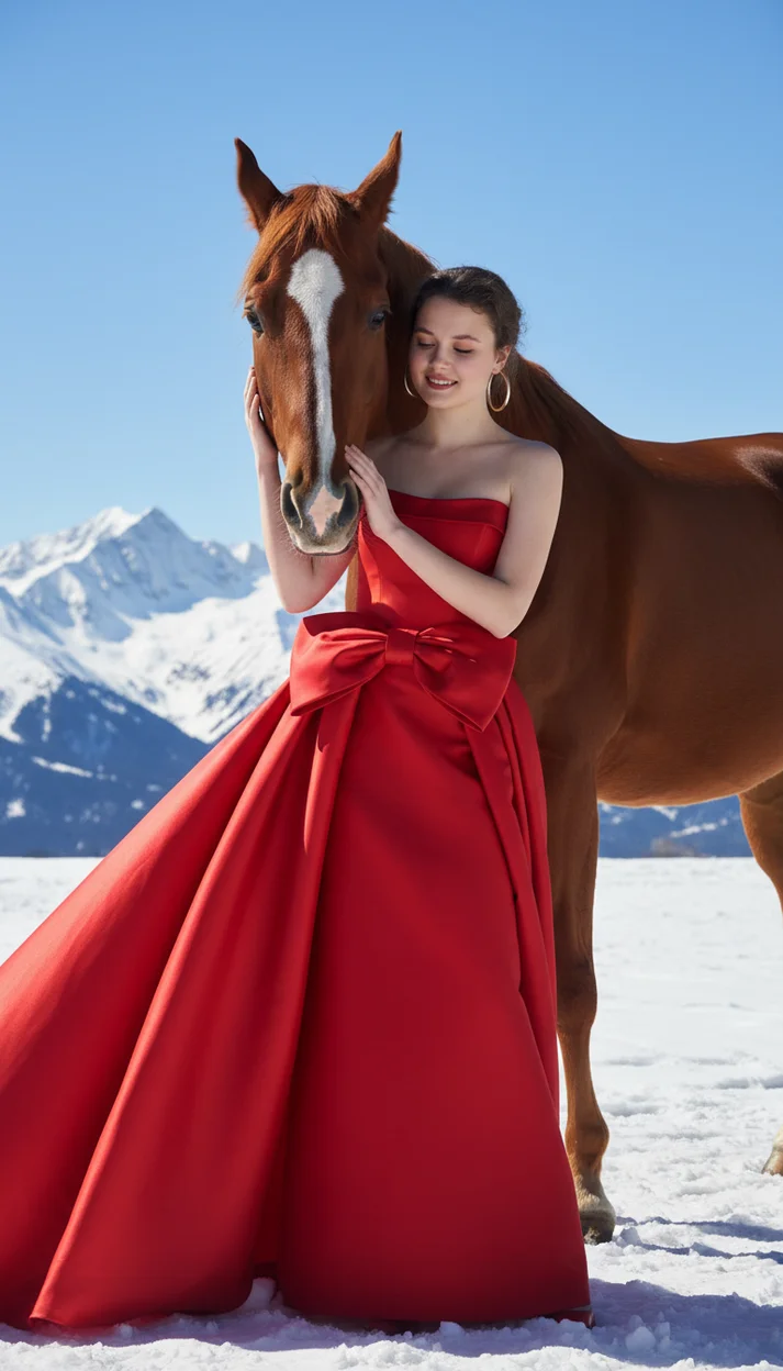 Девушка в горах в красном платье с лошадью полуоборот руки у головы животного яркий холодный свет