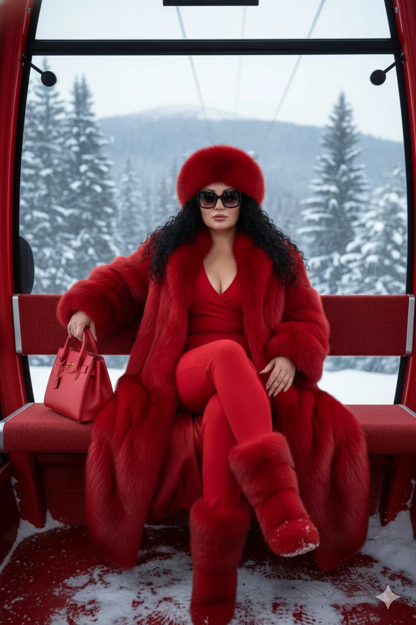 Женщина в горной кабине в красном меховом образе