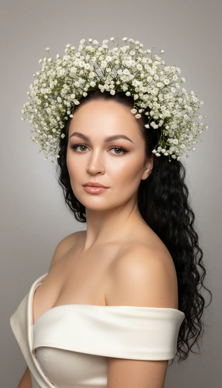 Женщина в студии с венком из белых цветов на голове