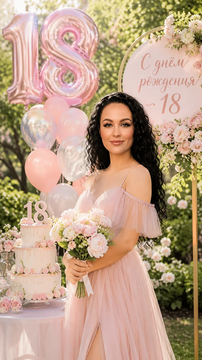 Фотосессия девушки в розовом платье в саду с шарами 18