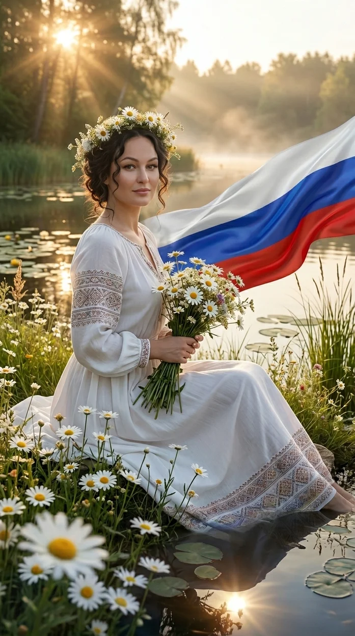 художественный постер в стиле dreamy cinematic photography, девушка сидит у спокойного озера 