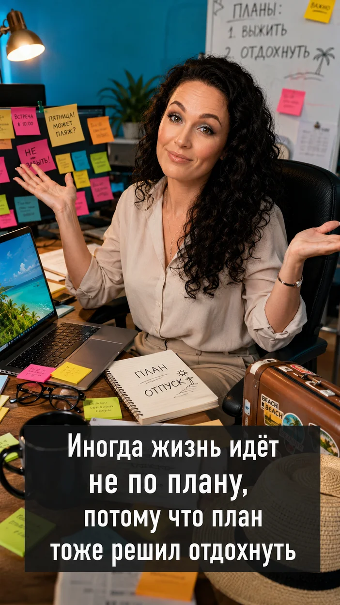 Фотооткрытка для коллег с текстом "Иногда жизнь идёт не по плану, потому что план тоже решил отдохнуть"