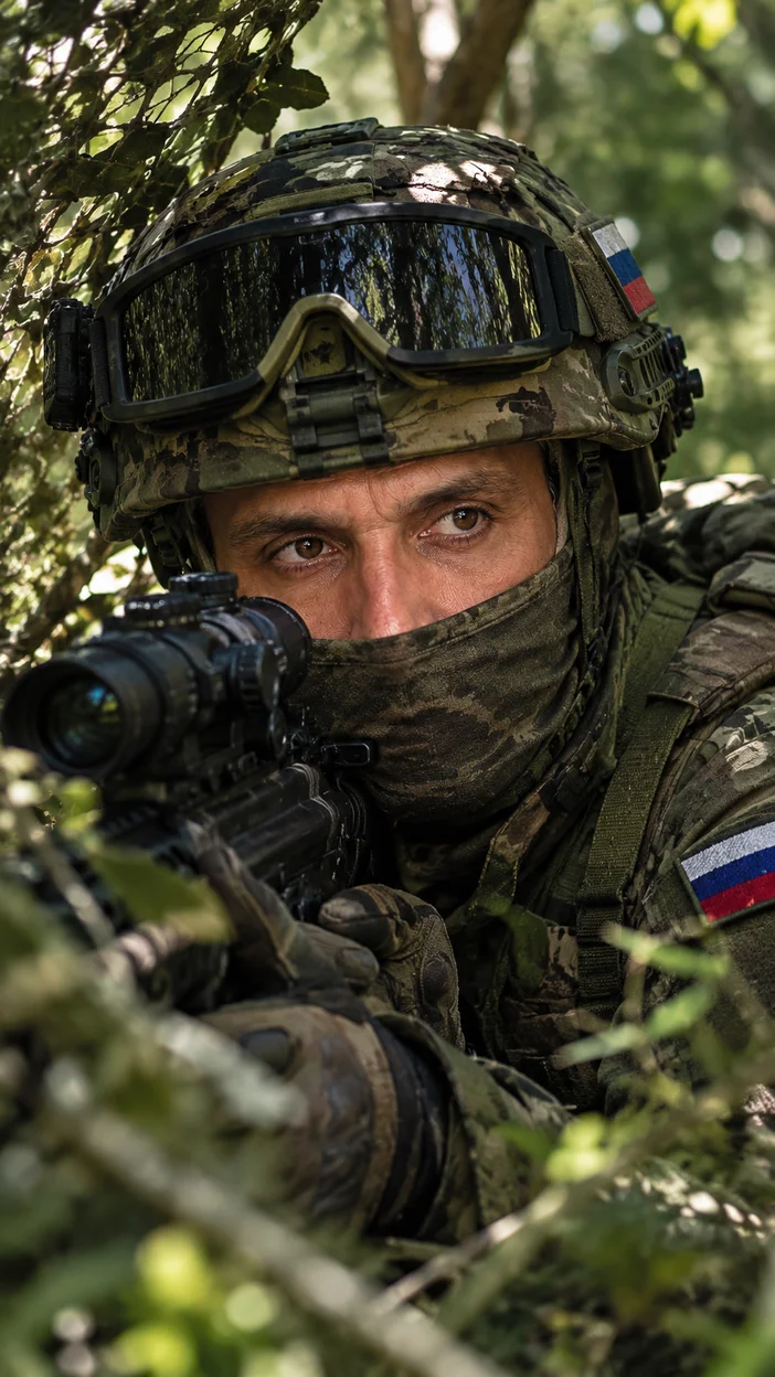 Фотосессия военный в маскировочной сетке в лесу с винтовкой и русской символикой