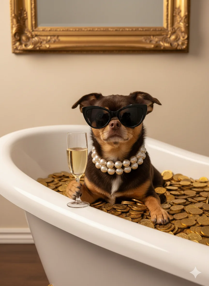 Собака с бокалам в ванной 