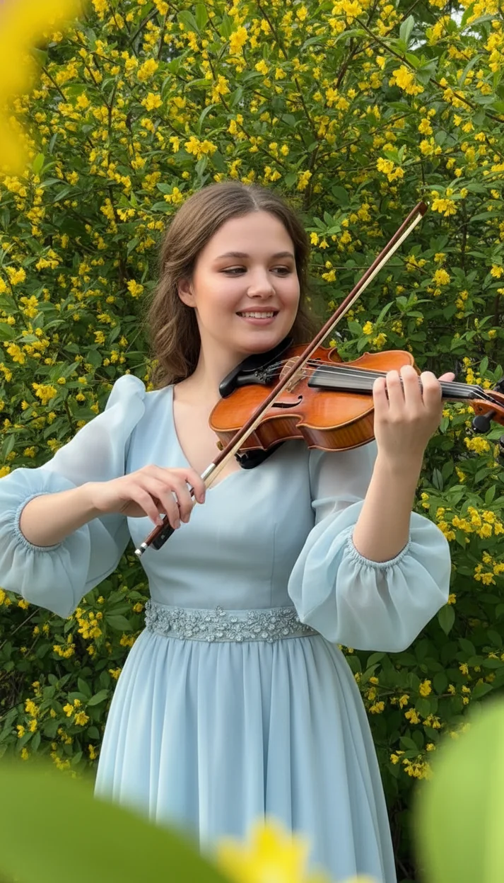 Девушка в жёлтых цветах играет на скрипке в голубом платье