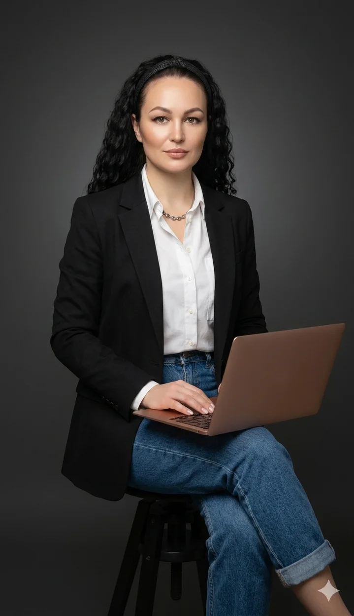 Женщина в чёрном жакете с ноутбуком на коленях сидя