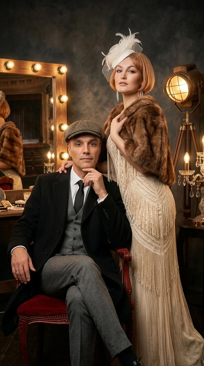 Гламурный ретро-портрет пары в стиле 1920-х с меховой накидкой и кепкой