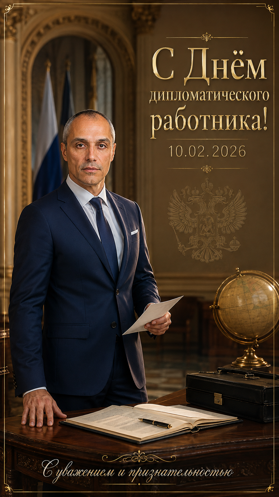 День дипломатического работника — 10.02.2026 — элегантная представительская открытка
