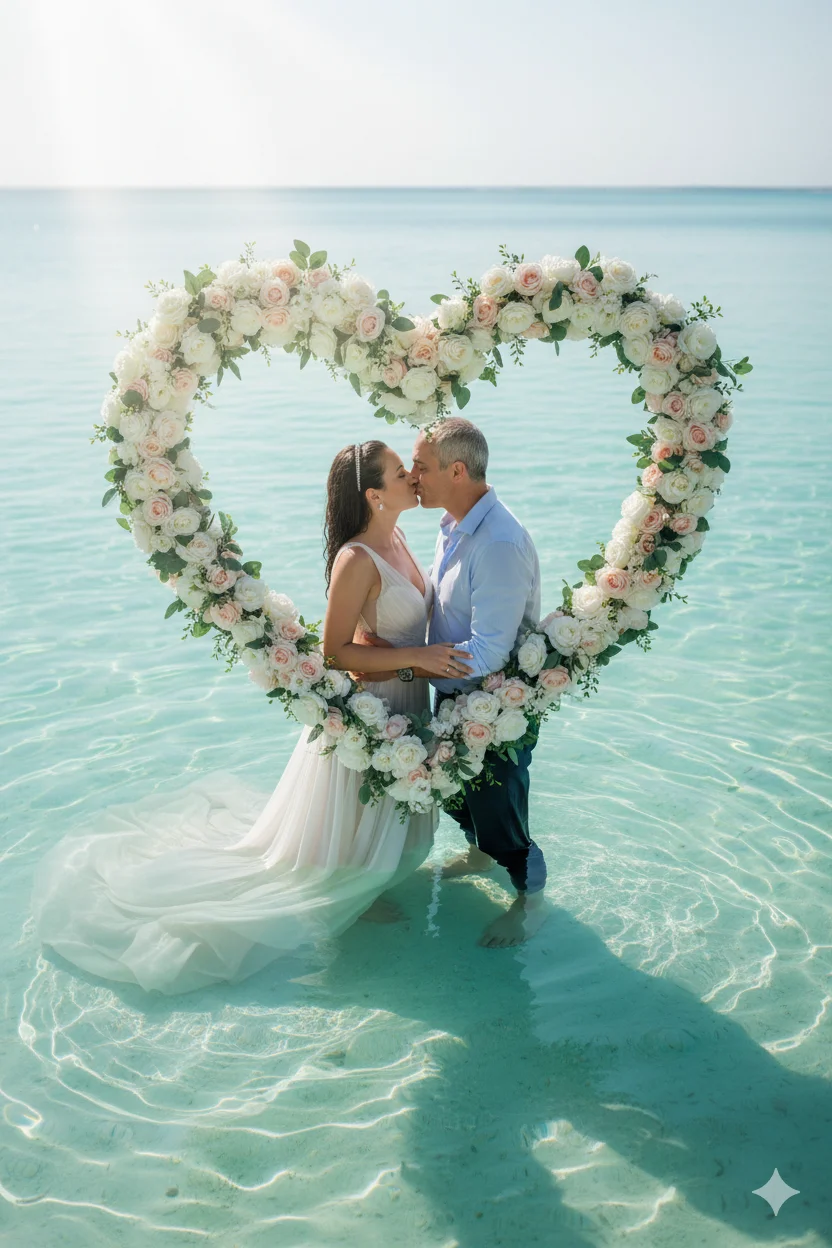 влюблённая пара стоит в прозрачной бирюзовой воде внутри цветочного сердца