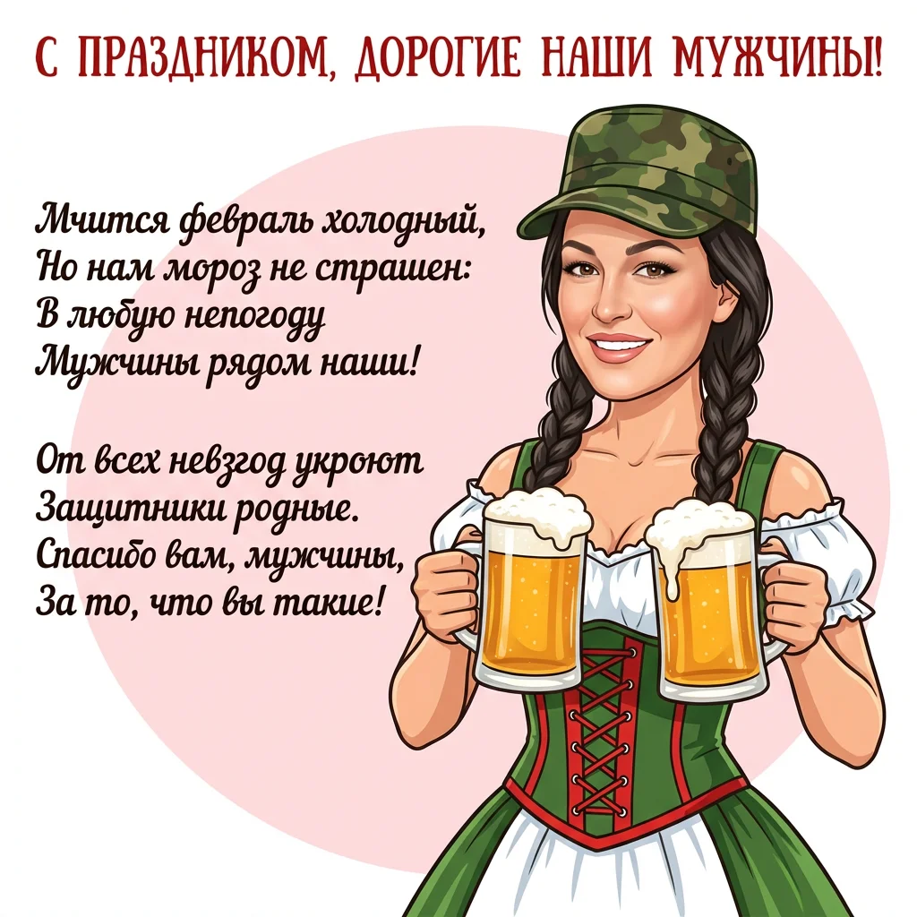 Женский образ в стиле мульт-открытки / векторной иллюстрации. на 23 февраля 