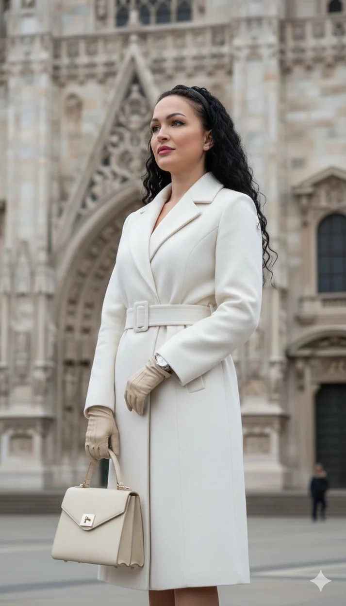 Классическая европейская fashion-съёмка: женщина в молочном пальто с сумкой у готического собора