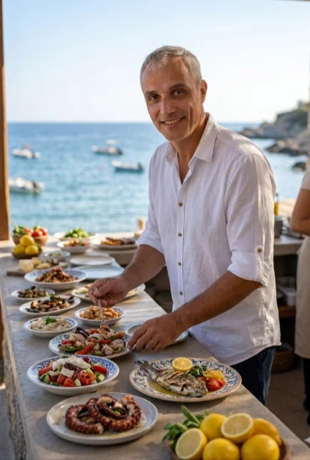 Шеф-повар у моря в белой рубашке за столом с блюдами