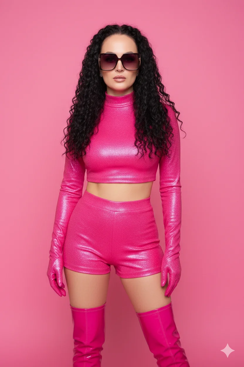 Женщина в розовом блестящем костюме