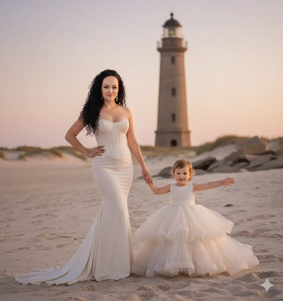 Мама и дочь в светлых платьях на песчаном берегу у каменного маяка