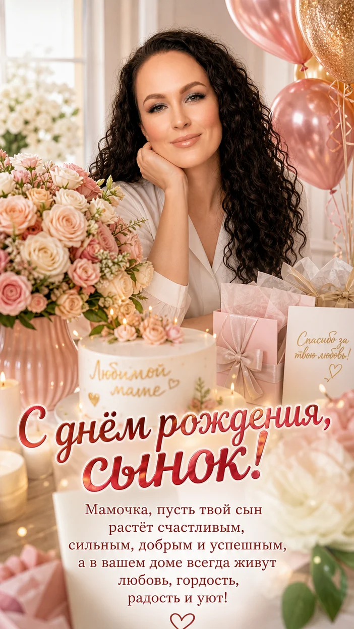 Фотосессия открытка для мамы — сын-подросток в светлой комнате с тортом и шарами, надпись «С днём рождения, сынок!