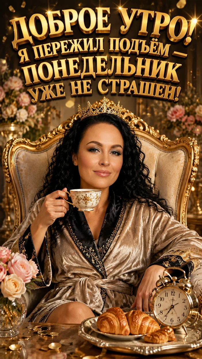 Фотооткрытка для всех с шутливым текстом "ДОБРОЕ УТРО! Я ПЕРЕЖИЛ ПОДЪЁМ — ПОНЕДЕЛЬНИК УЖЕ НЕ СТРАШЕН!"