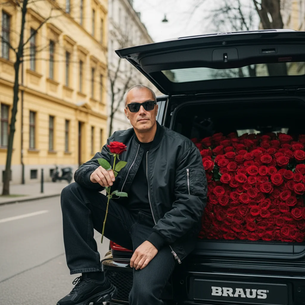 Мужчина с машиной роз 