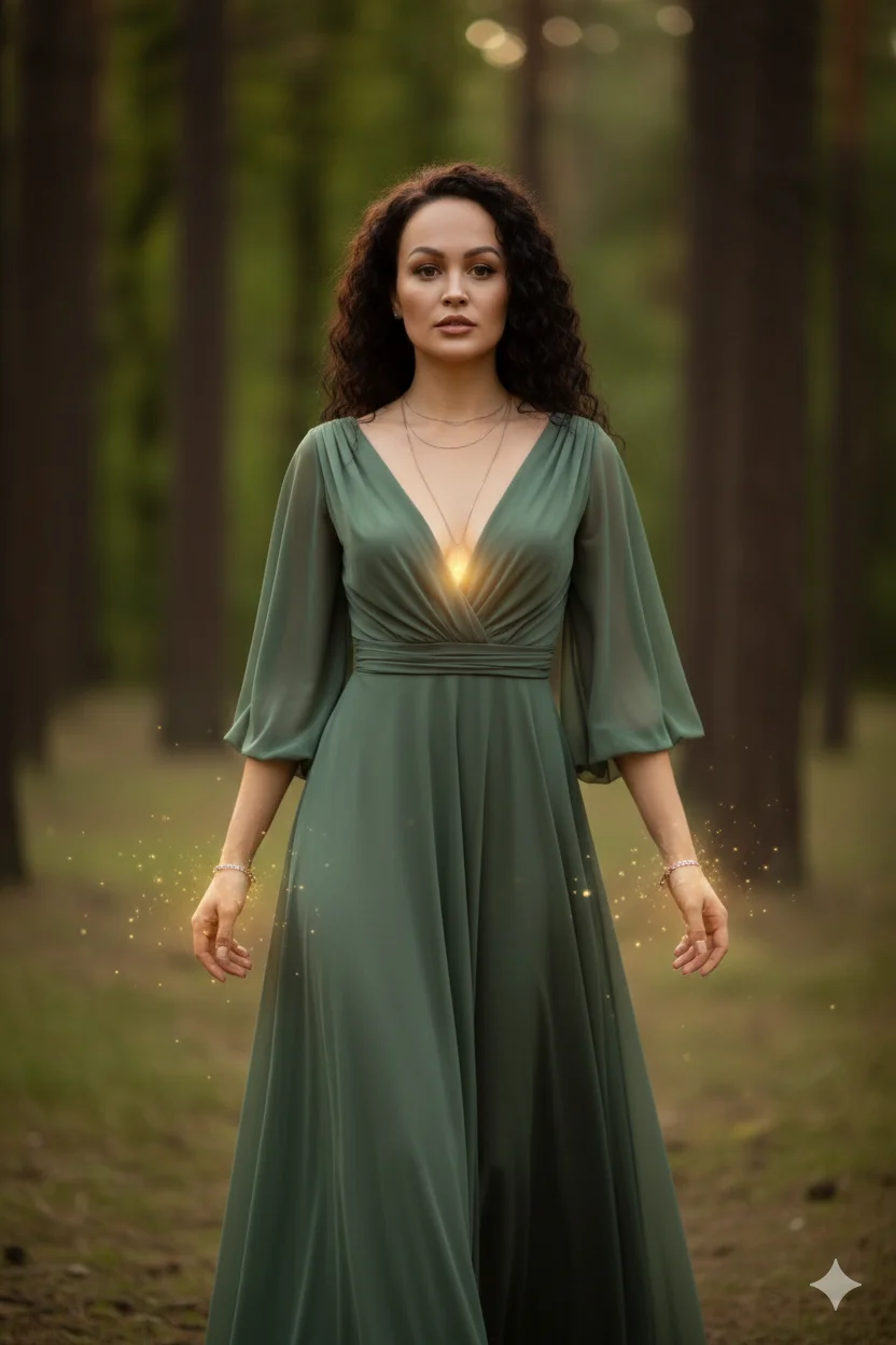 Женщина в лесу в струящемся зелёном платье с сиянием в руках